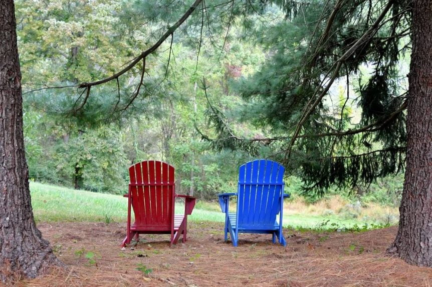 Two Adirondack chairs in the woods