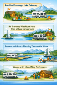 Infographic highlighting types of campers: families planning a lake getaway, RV travelers, boaters, and groups with mixed stay preferences.