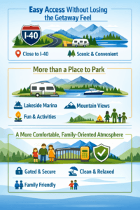 Infographic showing easy access to a campground with scenic views, lakeside marina, activities, and a family-friendly atmosphere with gated security and cleanliness.