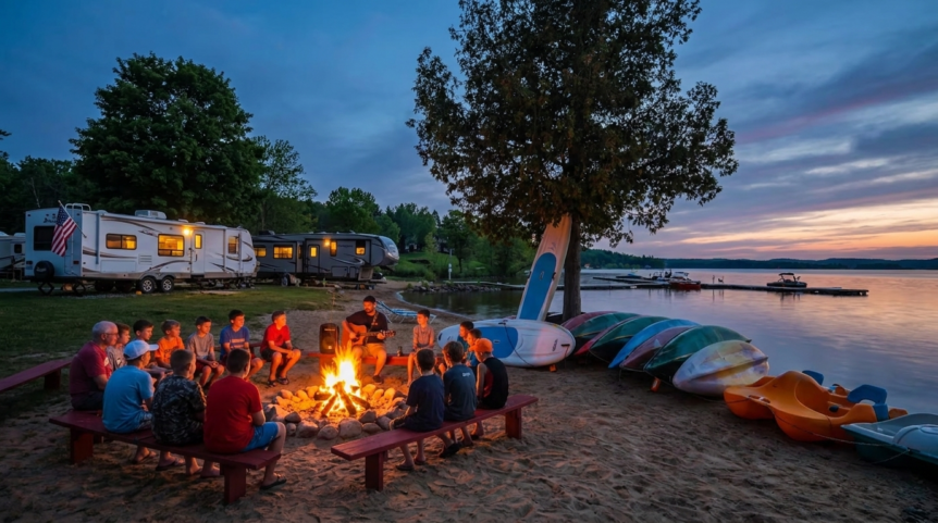 Campgrounds Near Hickory NC with RV sites, beachside campfire, kayaks, paddle boats, and lake sunset views.