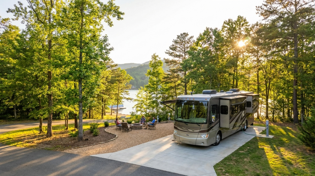 RV Park Near Marion NC with a motorhome on a lake-view concrete site near marina docks at sunset.