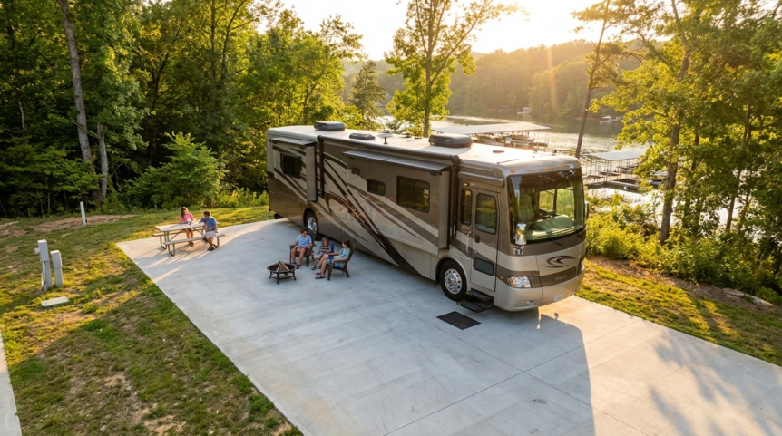RV Park Near Marion NC featuring a luxury motorhome on a spacious lake-view site with marina access and wooded surroundings.